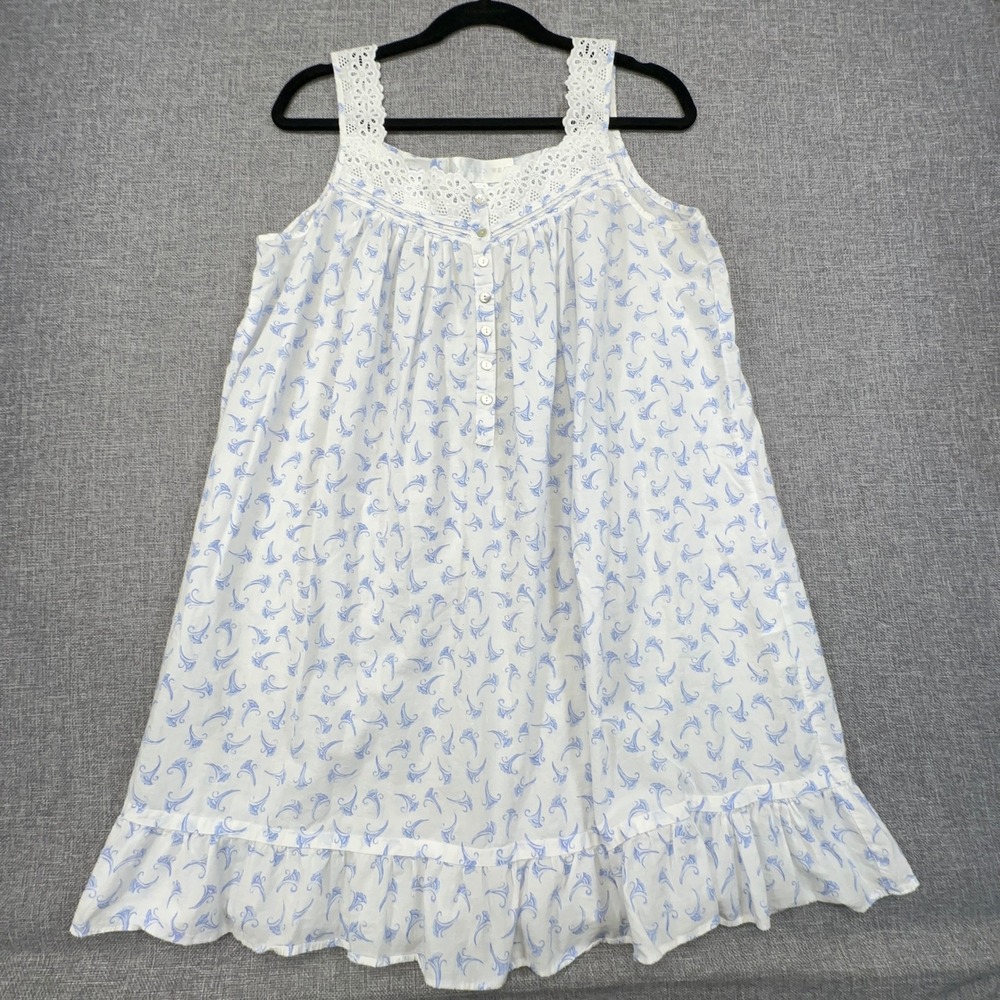 Eileen West Nightgown Womens M White Blue Cotton Lace Floral Ruffle Coquette